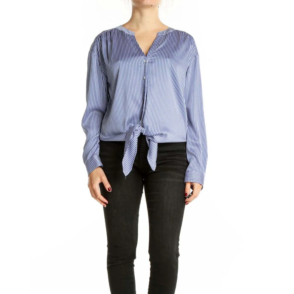 ANN TAYLOR Blue Striped Tie-Front Button Down Blouse Medium Nautical soft - Picture 2 of 11